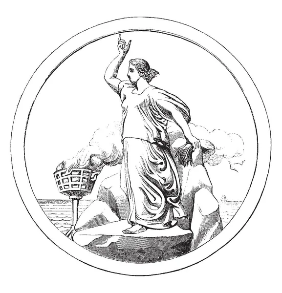 站在石头上举起左手的女人 复古线条画或雕刻插图 — 图库矢量图片
