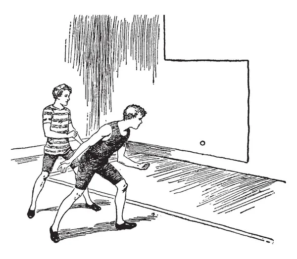 Zwei Jungen Die Handball Spielen Vintage Linienzeichnung Oder Gravurillustration — Stockvektor
