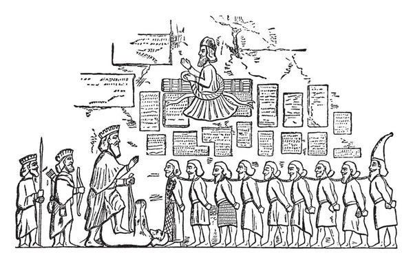这个插图代表了在大流士之前带来的俘虏叛乱者 复古线条画或雕刻插图 — 图库矢量图片
