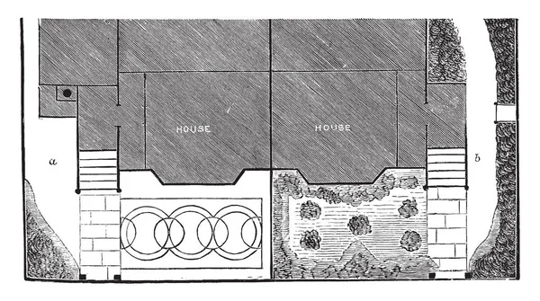 Entrada Frontal Plano Jardim Moradia Geminado Desenho Linha Vintage Gravura —  Vetores de Stock