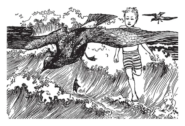 Ένα Ιπτάμενο Πουλί Και Παιδί Που Τρέχει Πίσω Από Πουλί — Διανυσματικό Αρχείο