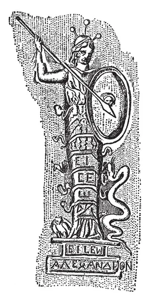 盾と槍 ビンテージの線描画や彫刻イラストを保持 パラジウムの古代像 — ストックベクタ