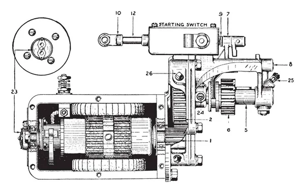 带减速齿轮的灰色和戴维斯电机 用于开飞轮 复古线条绘制或雕刻插图 — 图库矢量图片