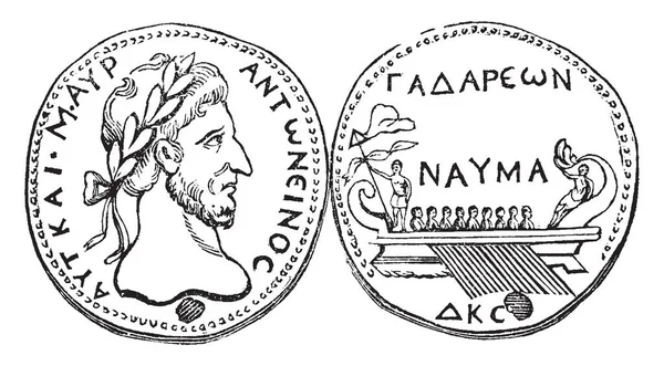 メダルが碑文 ビンテージの線描画や彫刻イラストで彼の名前を持つマルクス アウレリウス アントニヌスの頭で刻まれたマルクス アウレリウス アントニヌス — ストックベクタ