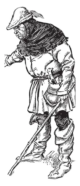 Гигант Сцена Показывает Гиганта Шляпе Капюшоне Палкой Одной Руке Рисунок — стоковый вектор