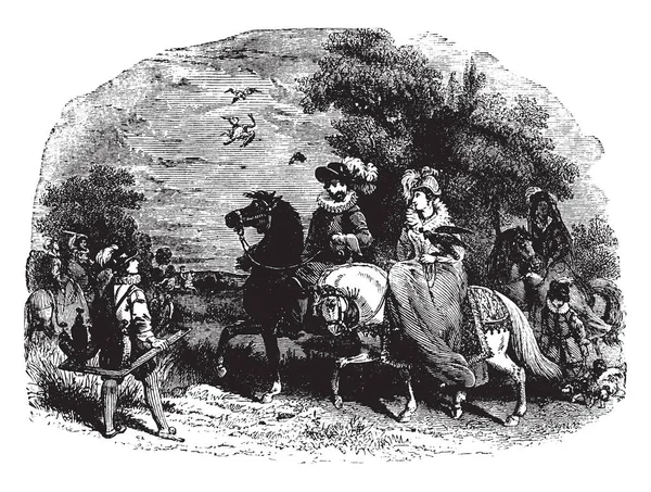 Groupe Hommes Femmes Chevauchant Cheval Dans Les Bois Dessin Trait — Image vectorielle