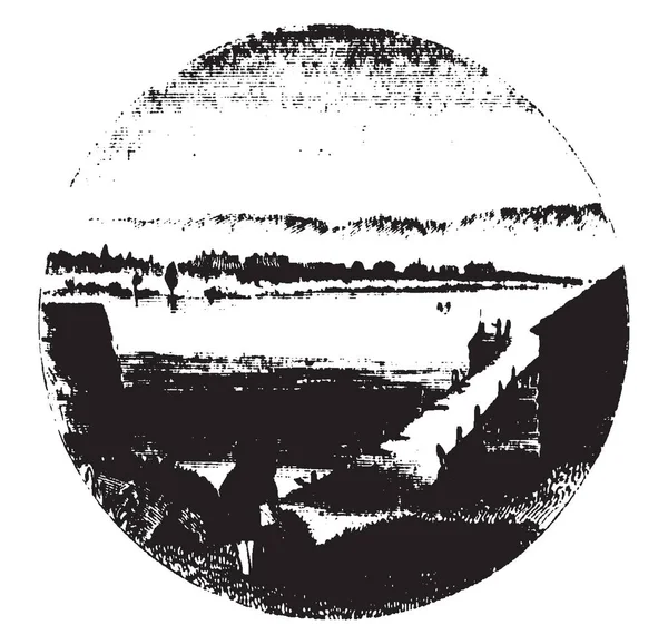 煙突ポイントは狭く ビンテージの線画を形成やイラストを彫刻のシャン プレーン湖に突き出たアディソン町バーモントの半島 — ストックベクタ