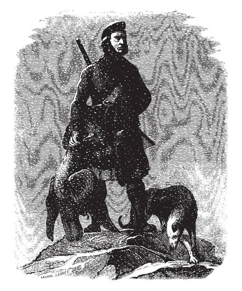 Мисливець Орлом Собакою Його Компаньйони Вінтажний Малюнок Або Гравюрна Ілюстрація — стоковий вектор