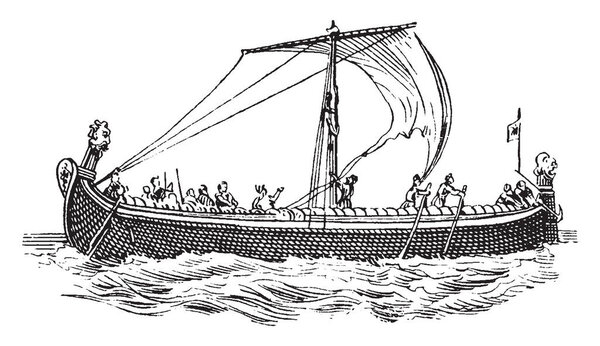Saxon ship from Bayeux Tapestry is the right half of the King Harold tapestry which shows his army embarking to meet William of Normandy, vintage line drawing or engraving illustration.