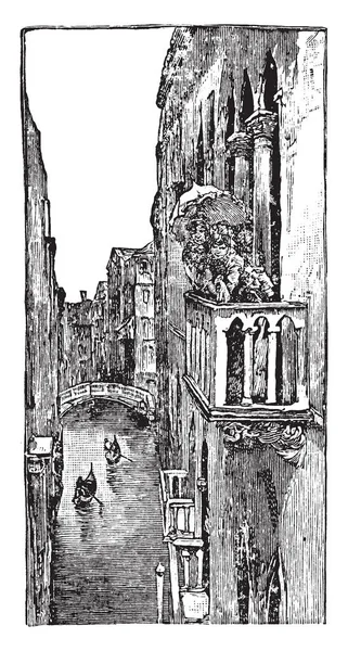 Venedik balkon duvar, bina, overlook, sahne, pencere, vintage çizgi çizme veya oyma illüstrasyon projelendirme.