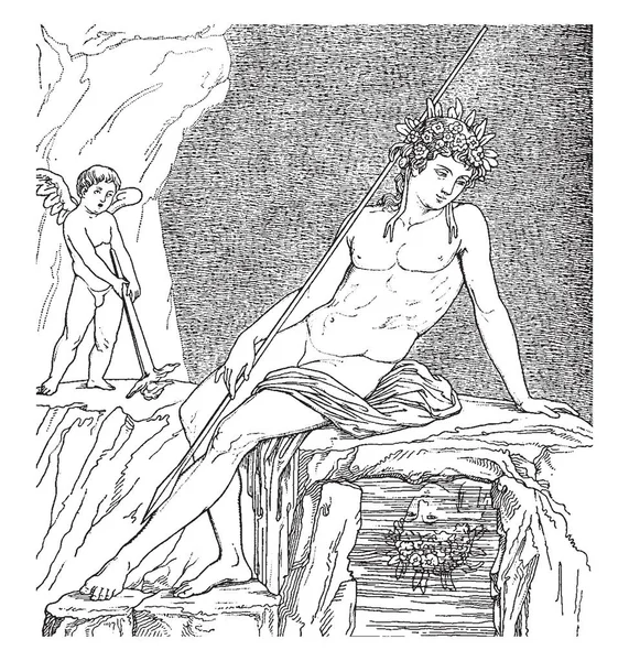 一张孩子那西塞斯和利里奥普的照片 水仙是河神仙人掌和若虫利里奥普的儿子 复古线条画或雕刻插图 — 图库矢量图片