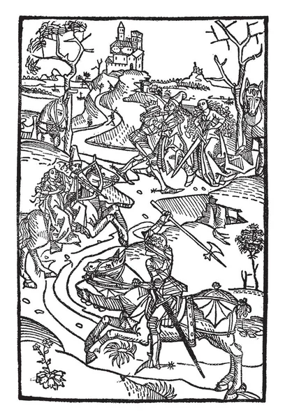 在战斗中骑在马 复古线画或雕刻插图的骑士小组 — 图库矢量图片