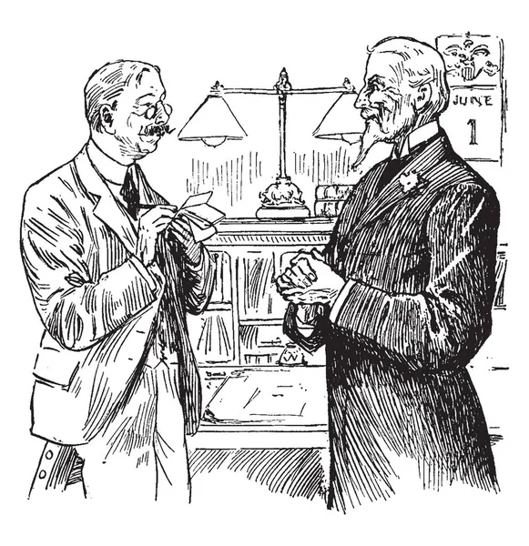 Dos Hombres Hablando Entre Dibujo Línea Vintage Ilustración Grabado — Vector de stock