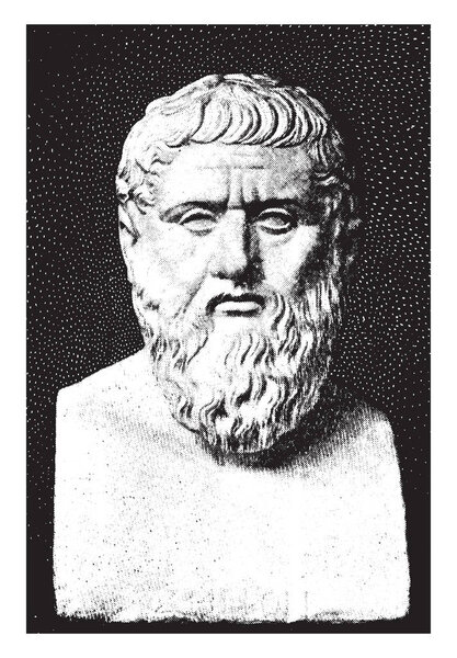 Plato, he was a philosopher in classical Greece and the founder of the academy in Athens, vintage line drawing or engraving illustration