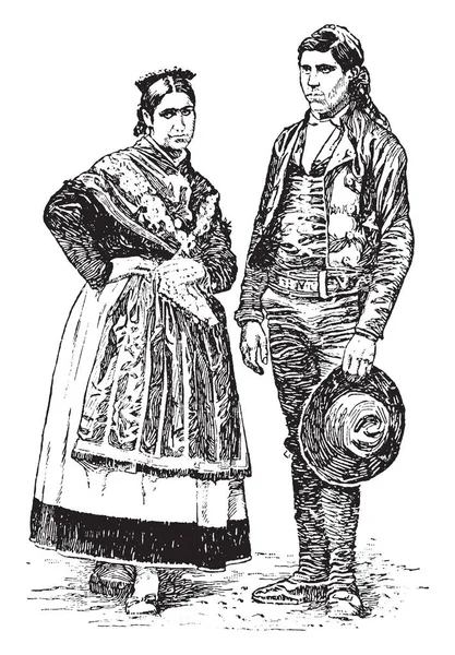 Hombre Una Mujer Vestidos Españoles Dibujo Línea Vintage Ilustración Grabado — Archivo Imágenes Vectoriales