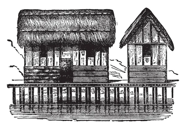 在希罗多德可以找到湖上的住处 它有史前小屋建在桩上 并被驱动到湖的床或岸边 复古线条画或雕刻插图 — 图库矢量图片