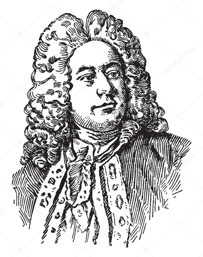 George Frederick Handel, 1685-1759, he was a musician and composer, famous for his work Atlanta, and for his operas, oratorios, anthems, and organ concertos, vintage line drawing or engraving illustration