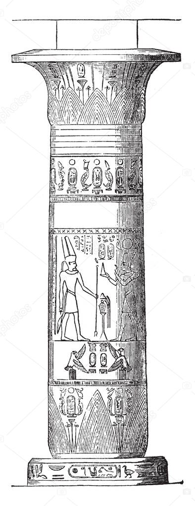 Column from Thebes, ancient, carving, carvings, column, Egypt, Egyptian, Image, vintage line drawing or engraving illustration.