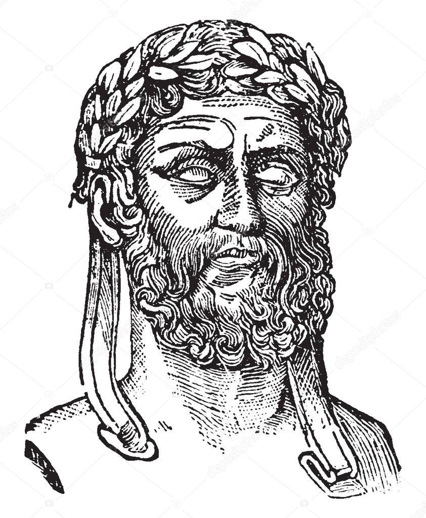Xenophon, c. 430-354 BC, he was an ancient Greek philosopher, historian, soldier and mercenary, vintage line drawing or engraving illustration