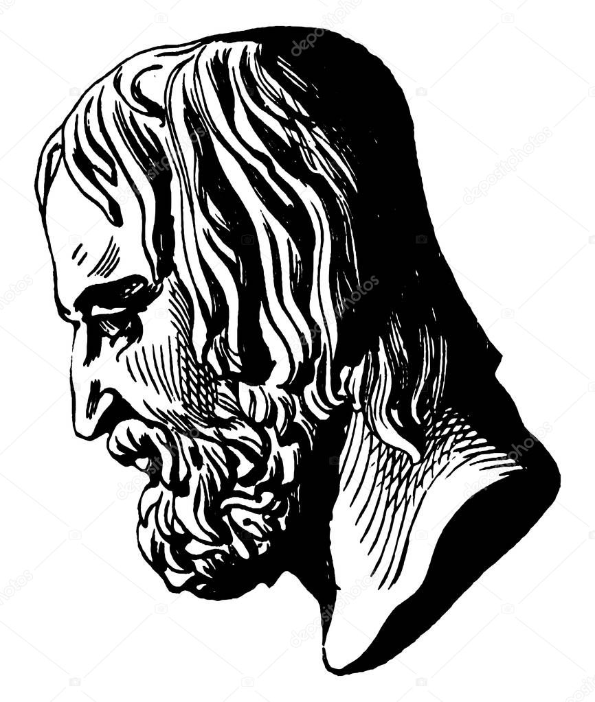 Euripides, c. 480-c. 406 BC, he was an ancient Greek playwright and famous tragedian of classical Athens, vintage line drawing or engraving illustration