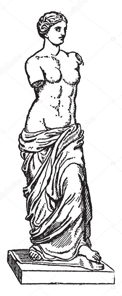In this image an ancient Greek statue and one of the most famous pieces of ancient Greek sculpture, vintage line drawing or engraving illustration.