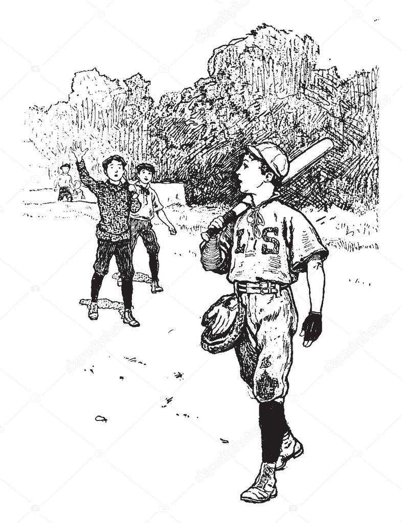 A boy on his way to the baseball field and some younger boys wave to him as he walks along, vintage line drawing or engraving illustration.
