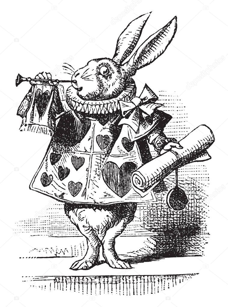 A rabbit wearing human dress with hearts print on it, and holding scroll in one hand and playing trumpet, vintage line drawing or engraving illustration 