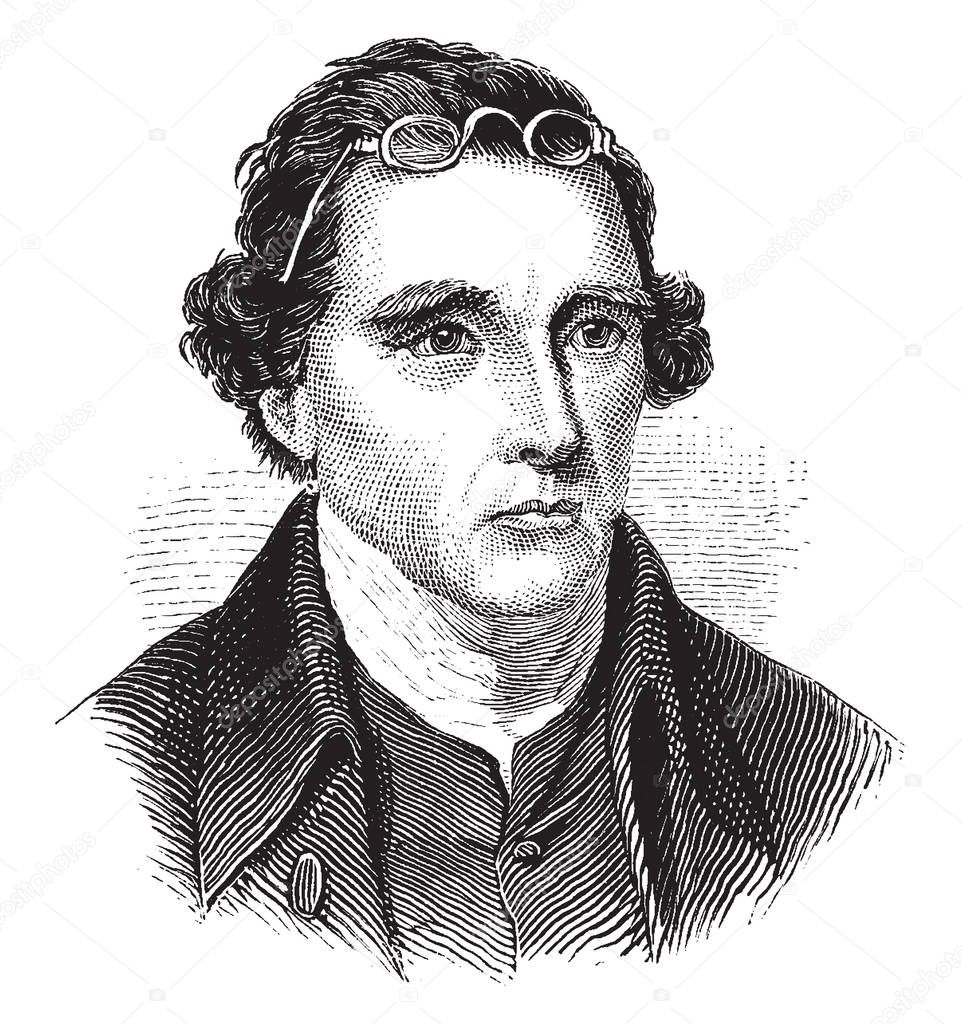 Patrick Henry, 1736-1799, he was an American attorney, planter, orator, and the first and sixth post-colonial governor of Virginia, famous for his declaration to the Second Virginia Convention, vintage line drawing or engraving illustration