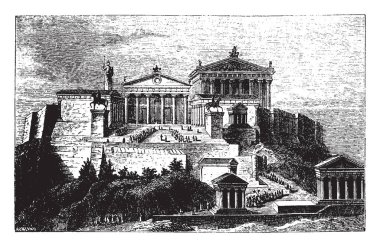 Akropolis veya antik mimari, ünlü Kalesi, kayalık fosillerini, vintage çizgi çizme veya oyma illüstrasyon.