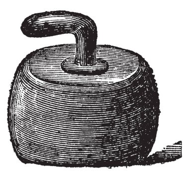Curling taşı şeklinde kavisli ve sahip bir taş yavaş yavaş dönmeye neden kolu, vintage çizgi çizme veya illüstrasyon oyma.