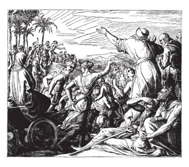 Yahudiler dönüşü esaretinden bu sahneyi kişi sepeti taşıyan insanlar gösterir ve onlarla birlikte diğer insanlar, vintage satır çizim veya gravür illüstrasyon