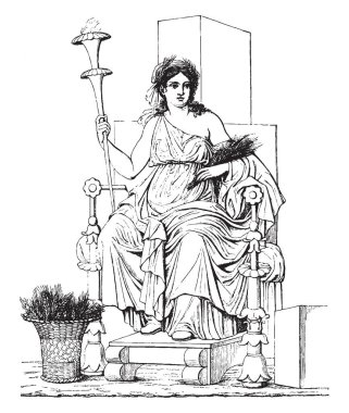 Bunda tarım Roma tanrıçası görüntü. Tanrıça onu tahtta oturuyor. Elinde bir şey ayrı tutma işlemi ve o bir tarihsel elbisesi, vintage çizgi çizme veya oyma illüstrasyon giymiş vardır.