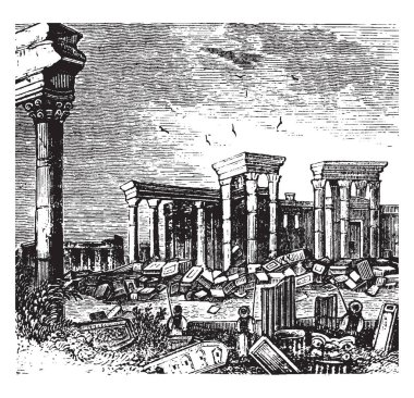 Palmyra is an ancient Semitic city in present day Homs Governorate in Syria, vintage line drawing or engraving illustration. clipart