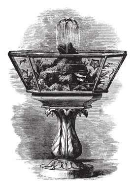 Akvaryum hangi oluşan bir cam tank ya da Çeşme, vintage çizgi çizme veya illüstrasyon oyma Çeşme.