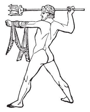 Sol kolunu bir savunma ve sağ el, vintage çizgi çizme veya oyma illüstrasyon saldırmaya zıpkın için çevresinde yara chlamys Neptün'ün ayakta resimle.