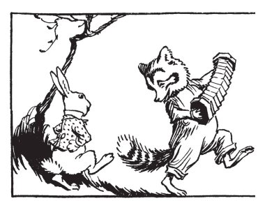 Rakun oynarken akordeon ve tavşan dans, bu resmi bir rakun bir akordeon ve dans, klasik çizgi çizme veya illüstrasyon oyma bir tavşan oynayan insan elbiseyle gösterir