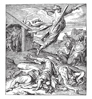 Melek kara ezecek Forth gider, bu sahne melek uçuyor ve o insanlar kim zemin, vintage çizim üzerinde düşme veya illüstrasyon oyma öldürdü gösterir 