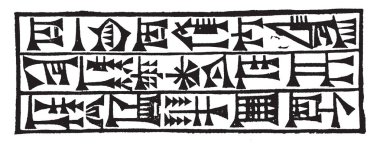 Cuneform yazma veya kama, takoz şeklindeki kalemi vintage çizgi çizme veya oyma illüstrasyon.