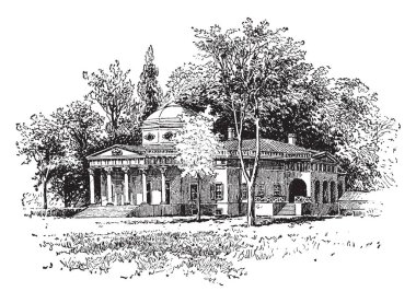 Bu evi ağaçlar bir sürü tarafından çevrili. Güzel bir manzara, çok sayıda ağaçlar, büyük avlu, vintage çizgi çizme veya oyma illüstrasyon.