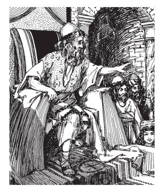 David, bu sahne gösterir Kral sandalyede oturan ve sol el ve duran, vintage çizgi çizme, illüstrasyon oyma asker yetiştirme