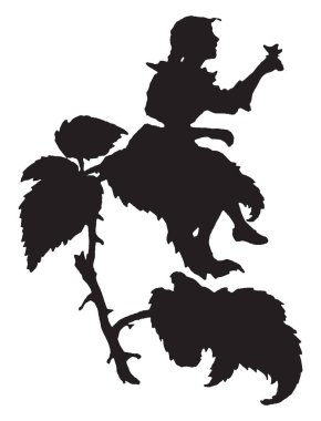 Bir yaprak, vintage çizgi çizme veya oyma illüstrasyon oturan peri silüeti