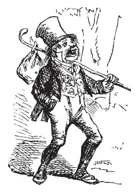 Boyunca gidiyordu, bu sahneyi tek omuzlu ve cep ve şarkı şarkı, vintage çizgi çizme veya oyma illüstrasyon bir elinde sopa tutan bir yürüme adam gösterir