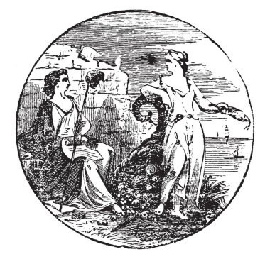 The official seal of the U.S. state of North Carolina in 1889, this circle shape seal has two female figures looking toward each other, one female is sitting, it also has sea and ships in background, vintage line drawing or engraving illustration clipart