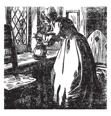 Yaşlı bir kadın çiçek koyarak saksıyı, vintage çizgi çizme veya oyma illüstrasyon