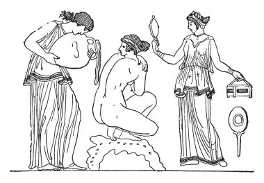 Temizlik bakım, vintage illüstrasyon kazınmış.