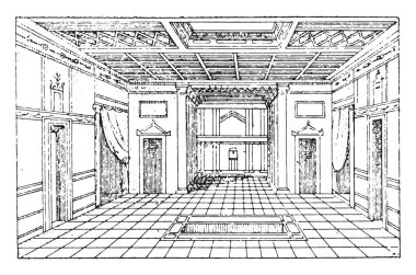 Atrium Catullus'un evin, vintage illüstrasyon kazınmış. Antik antika aile-1881, özel hayatı