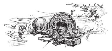 Gorgon'ın başı, bu resim adamın kafasını yere, arka plan, vintage çizgi çizme veya oyma illüstrasyon uçan kuşlar gösteriyor