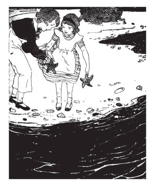 David Copperfield ve küçük Em'ly, bu sahne biraz erkek ve kız üzerinde gösterir deniz ve yıldız balık elinde tutan, kabukları yere, vintage çizgi çizme veya oyma illüstrasyon