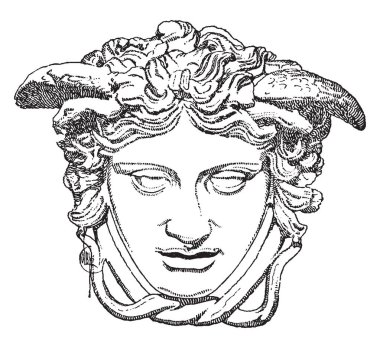Medusa başı heykeli. Medusa, Yunan mitolojisinde bir Gorgon, saç, vintage çizgi çizme veya oyma illüstrasyon yılanlara bir ejderha benzeri yaratık haline dönüştürdü ölümlü bir kadın vardı..