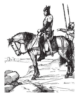 Cid Campeador, this scene shows a horse rider and soldiers walking behind him, vintage line drawing or engraving illustration clipart